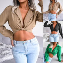 Suit neck knotted shirt with navel exposed