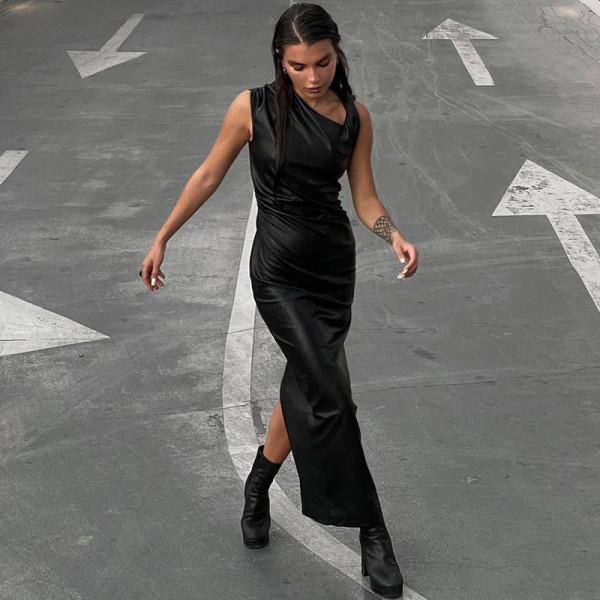 PU leather diagonal collar pleated buttock split sexy dress