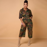 Fashion camouflage print pocket lapel jumpsuit