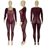 Square collar positioning printing nightclub perspective mesh sexy jumpsuit