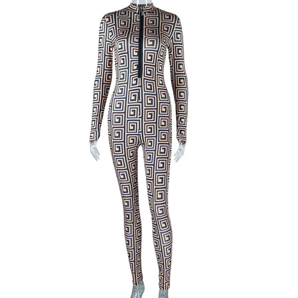 Women's standing neck bodysuit long-sleeved bodysuit digital printing yoga sports bottoming pants