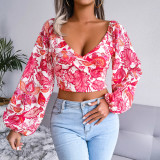 V-neck lantern long-sleeved floral chiffon shirt holiday style exposed navel top