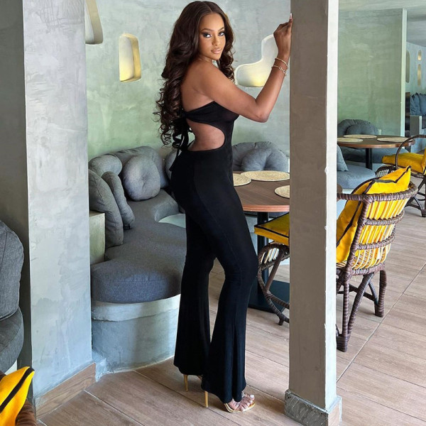 One-shoulder chain hollowed-out jumpsuit with slight flared tight-fitting all-in-one pants with hip lifting, wide back, jumpsuit and leggings