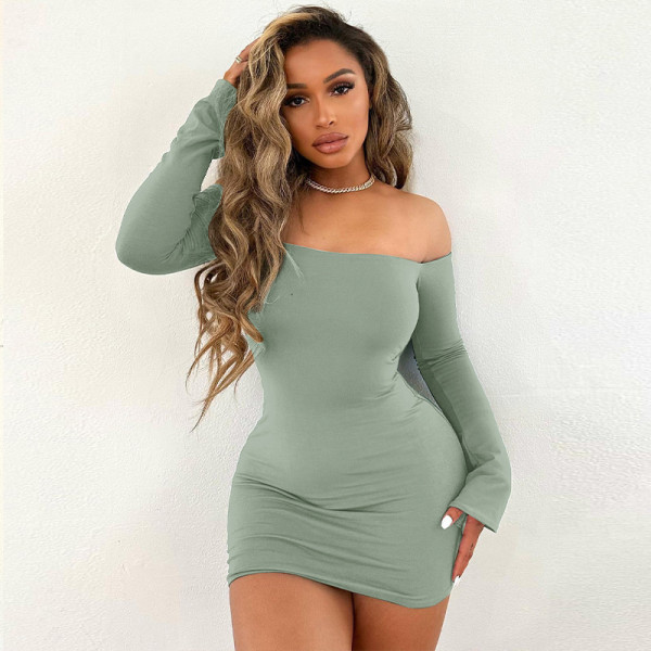 Solid color off shoulder long sleeve tight buttock sexy street dress