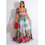 Fashion women's flower color painting sleeveless V-neck dress