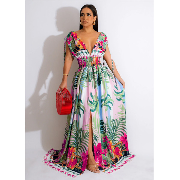 Fashion women's flower color painting sleeveless V-neck dress