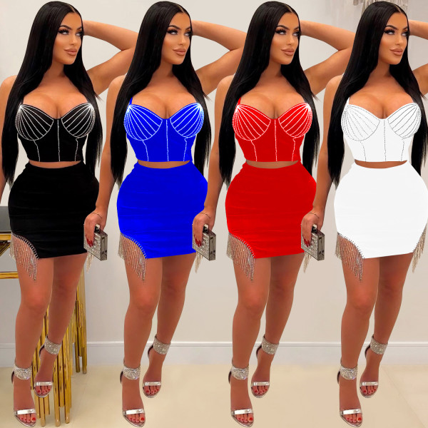 Fashion women's hot diamond flow mustache sleeveless sling skirt two-piece set