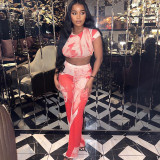 Figure print fashion suit round neck three-quarter sleeve tight top high waist wide leg pants two-piece suit