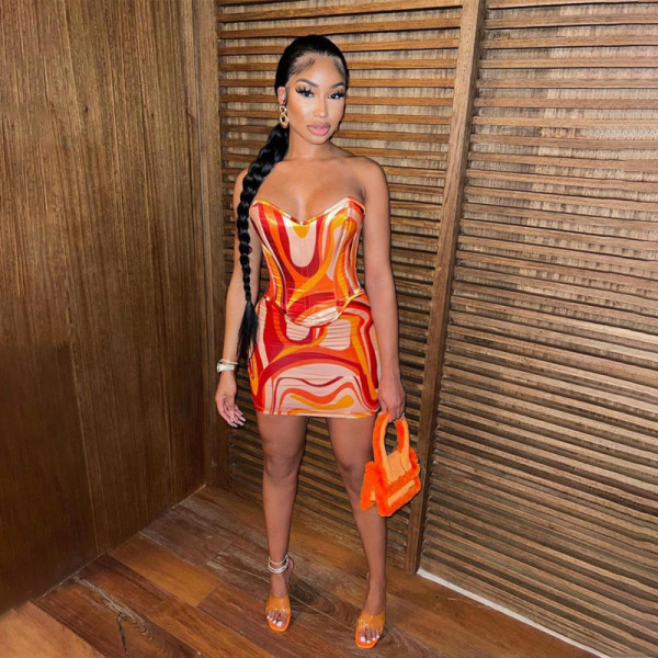 Fashion print chest wrap waist wrap hip sexy temperament short skirt suit
