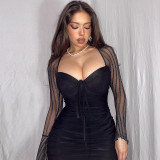 Lace mesh contrast patchwork dress flare sleeve wrap hip dress tight lace up skirt