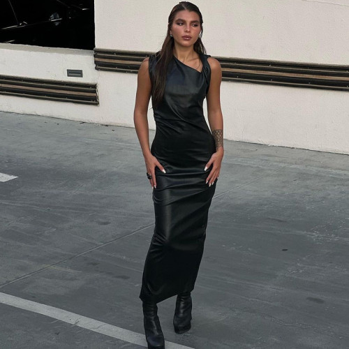 PU leather diagonal collar pleated buttock split sexy dress