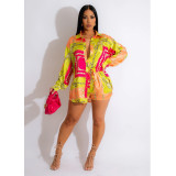 Fashion women's color contrast lapel shirt long-sleeved shorts two-piece set