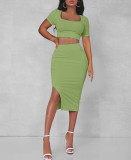 Threaded square neck short sleeve split skirt slim two-piece set
