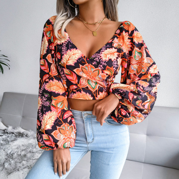V-neck lantern long-sleeved floral chiffon shirt holiday style exposed navel top