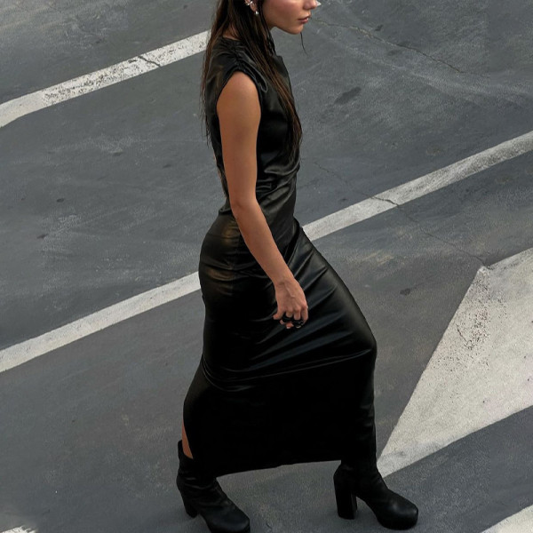 PU leather diagonal collar pleated buttock split sexy dress
