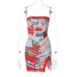 Fashion print sexy one-line collar sleeveless lace split dress