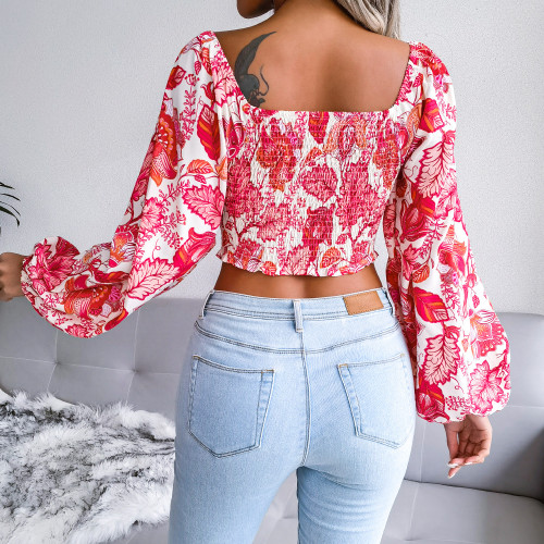V-neck lantern long-sleeved floral chiffon shirt holiday style exposed navel top