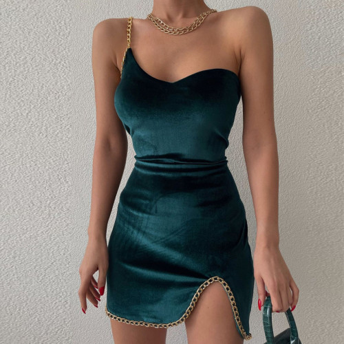 Korean velvet one-shoulder backless chain sling buttock wrapped style dress