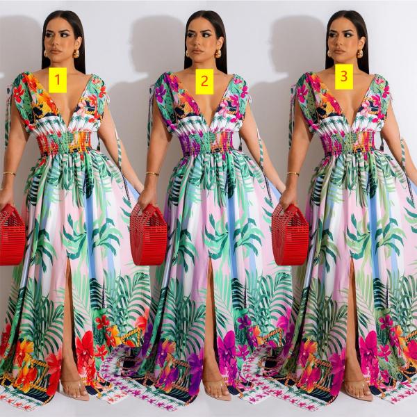 Fashion women's flower color painting sleeveless V-neck dress