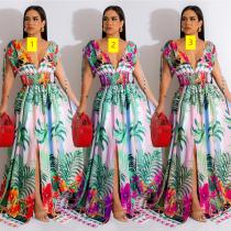 Fashion women's flower color painting sleeveless V-neck dress Fashion women's flower color painting sleeveless V-neck dress