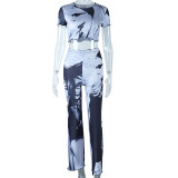 Figure print fashion suit round neck three-quarter sleeve tight top high waist wide leg pants two-piece suit