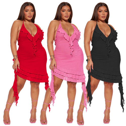 Strap gauze perspective double-layer ruffle sexy dress