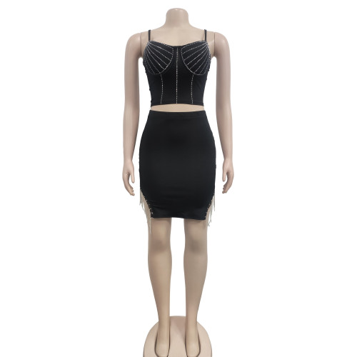 Fashion women's hot diamond flow mustache sleeveless sling skirt two-piece set