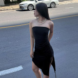 Bra sexy diagonal hem drawcord split skirt body solid color dress