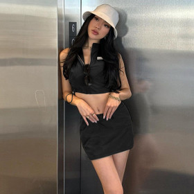 Sleeveless fashion slim POLO neck short open navel top work dress skirt suit