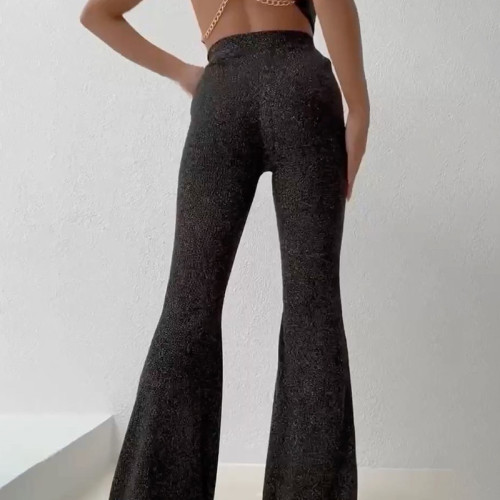 High waist thin flash micro flare straight pants New style sexy open waist casual pants in spring