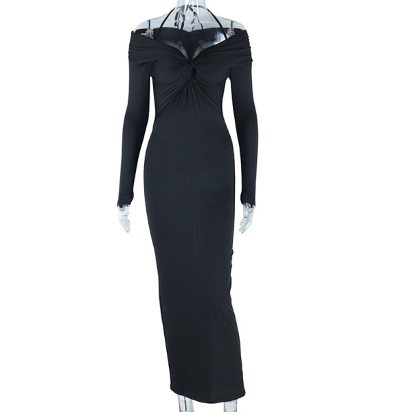 Sexy V-neck hanging neck solid color long-sleeved split buttock pleated fashionable dress