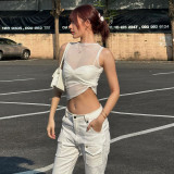 Sexy Mesh Perspective Tank Top with Chest Cup Set Casual Versatile T-shirt