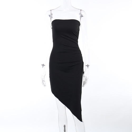 Bra sexy diagonal hem drawcord split skirt body solid color dress