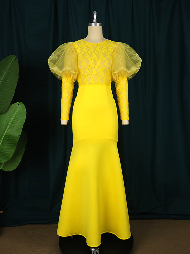 Lace gauze perspective banquet buttock skirt creative lantern sleeve show figure dress