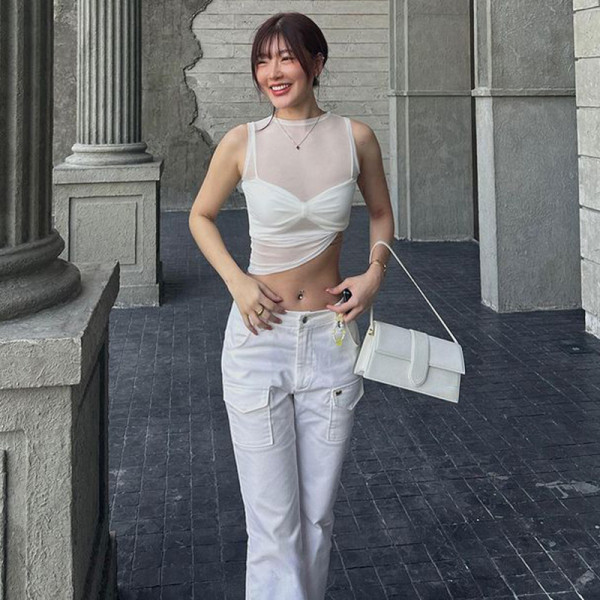 Sexy Mesh Perspective Tank Top with Chest Cup Set Casual Versatile T-shirt
