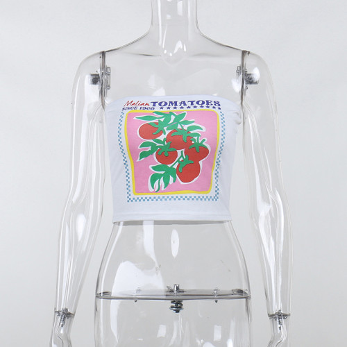 Graphic printed short bare-button bra vest for women's minority design casual versatile T-shirt