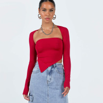 Clean color long-sleeved shawl, one-shoulder wrap chest hot girl top