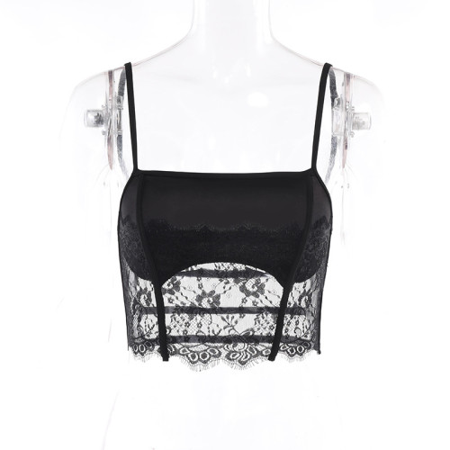 Strap Lace Perspective Sexy Open Back Top Versatile Short Spicy Girl Vest