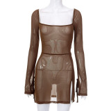 Mesh square neck long-sleeved slim wrap buttock split French dress