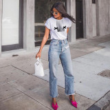 Round neck short sleeve street print long versatile T-shirt