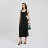 Clean color sleeveless high waist wrapped chest long flare dress