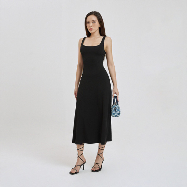 Clean color sleeveless high waist wrapped chest long flare dress