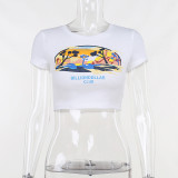 Crewneck printed Spicy Girl short-sleeved T-shirt with navel exposed, slim fit and versatile solid color top