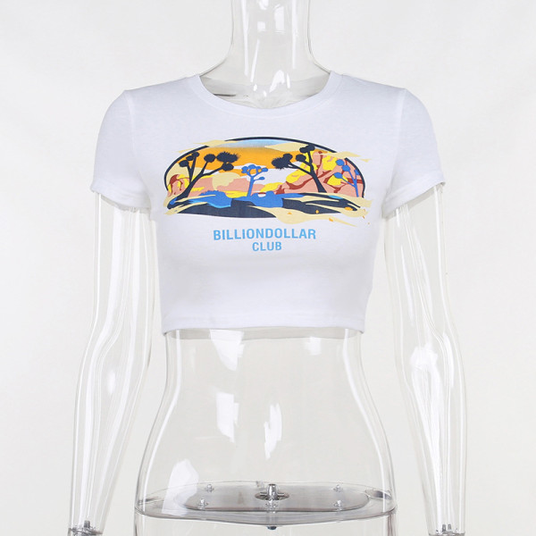 Crewneck printed Spicy Girl short-sleeved T-shirt with navel exposed, slim fit and versatile solid color top