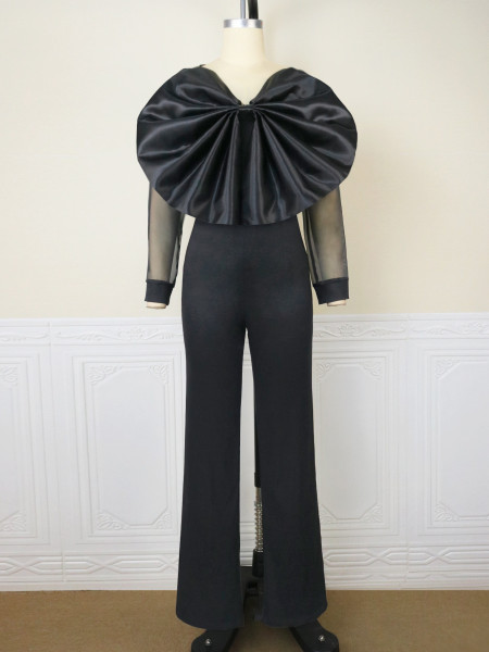 V-neck transparent yarn long-sleeved high-waisted jumpsuit fashion casual commuter women's dress