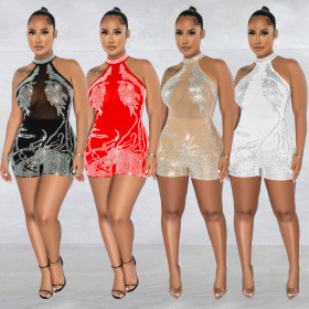 Fashion women's gauze perspective ironing sleeveless shorts jumpsuit