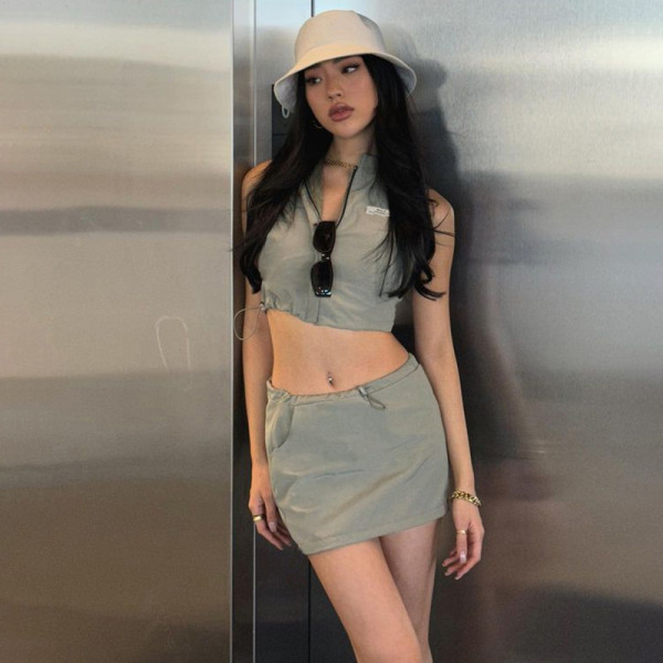 Sleeveless fashion slim POLO neck short open navel top work dress skirt suit