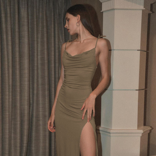 Slim sexy pocket neck split dress Slim shrink pleat slim casual dress