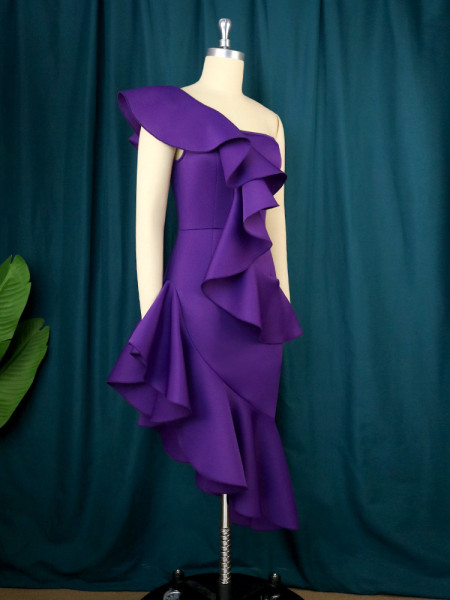 One-shoulder diagonal collar dress sexy celebrity wind lotus leaf edge birthday party evening dress