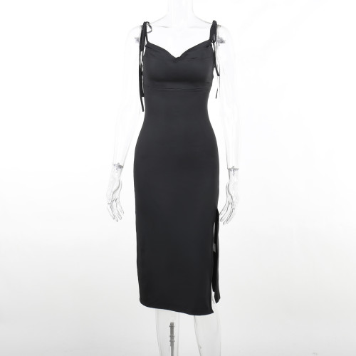 Slim sexy pocket neck split dress Slim shrink pleat slim casual dress